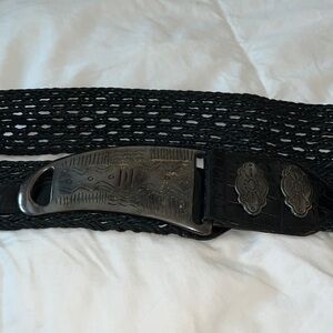Vintage Southwestern large‎ buckle black braided belt L-XL